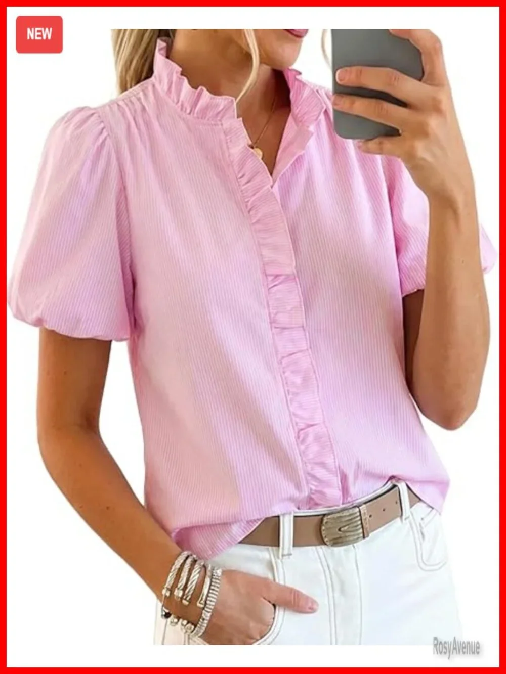 Short Puff Sleeve Button Down Blouse Ruffle Stand Collar Business Casual Preppy - Picture 1 of 6